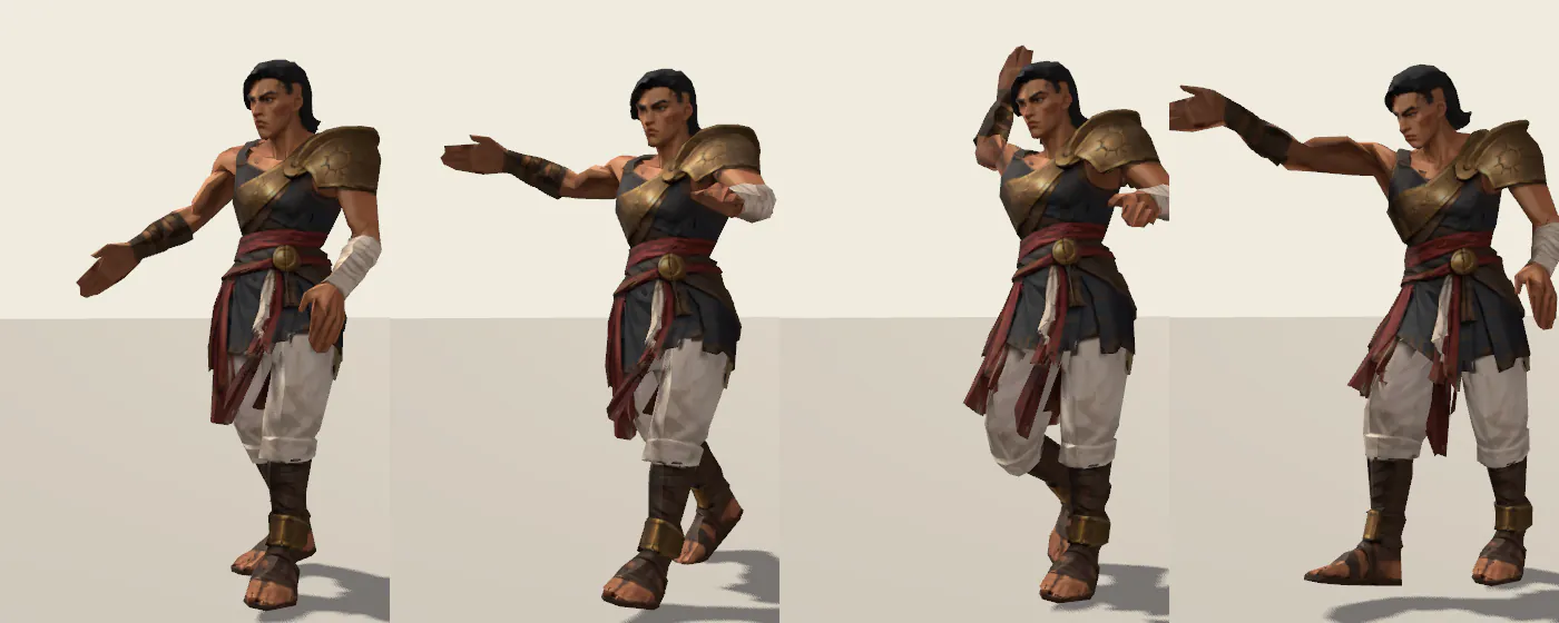 Four frames of a slash while walking: the arm winds up and swings across while the legs keep their stride.