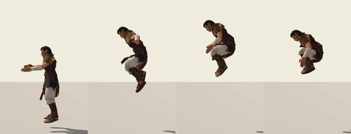 Four frames of the jump from the side: the push-off, rising with the knees pulled up, the top of the jump, and coming down.