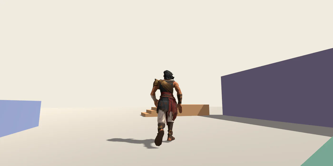A character running away from a third-person camera in Godot, toward a set of stairs, with a wall on the right.