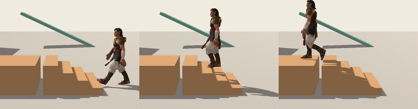 Three frames from the side: the character walks up four 0.2 m steps onto a platform.