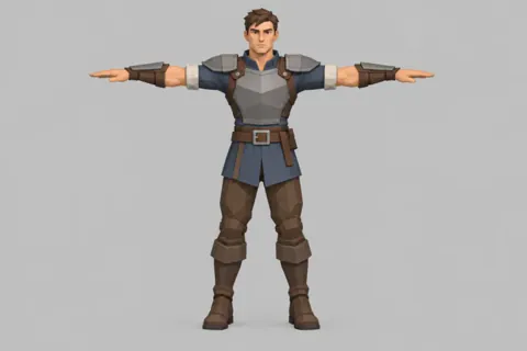 A low-poly knight standing in a T-pose, arms straight out to the sides, on a plain grey background